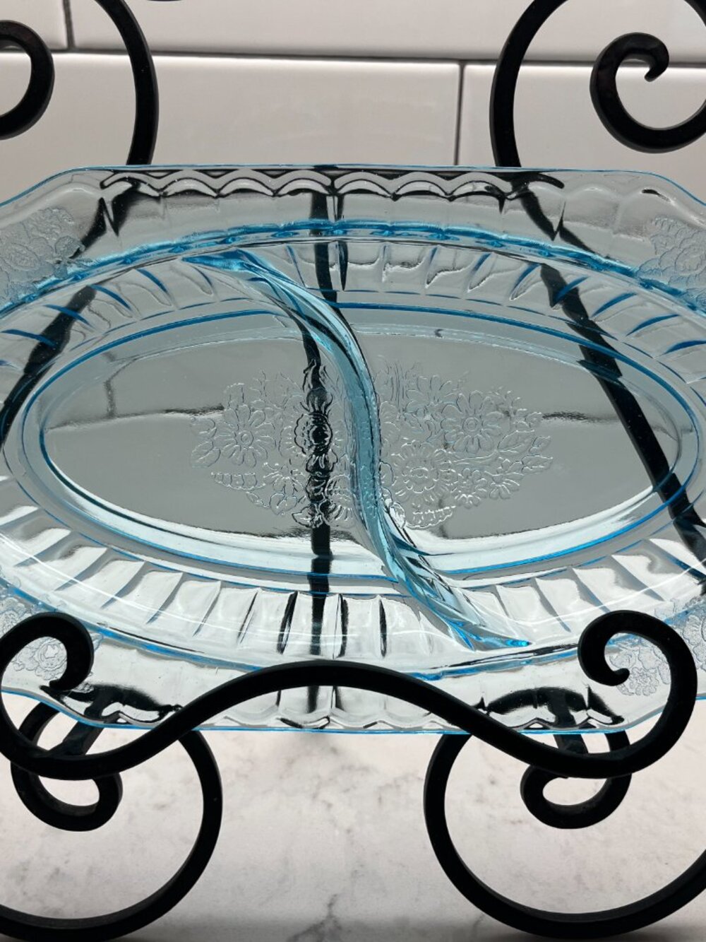 Anchor Hocking 1930’s Mayfair “Open Rose” Ice Blue Divided Celery Dish
